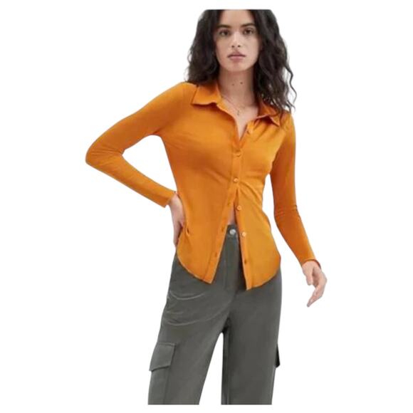 Aritizia Wilfred Top Womens Large Orange Button Up Pose Sheer Lightweight Preppy - Picture 1 of 12